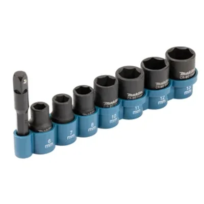 SET DE DADOS DE IMPACTO 8u (HEX 1/4" 6 7 8 10 11 12 13MM + ADAPTADOR HEX 1/4" a 1/4" P/ATOR